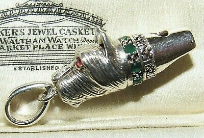 925 Silver Emerald & Ruby Scottie Dog Whistle Necklace Pendant Victorian Style