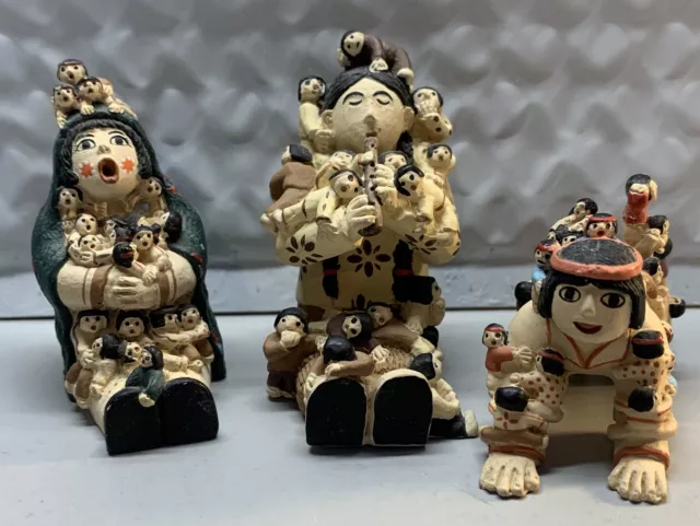 Lot of 3 Native American Pueblo Pottery Storyteller With Children Figurines 2"