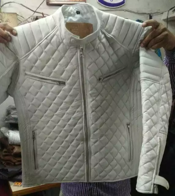 Men genuine lambskin leather Classic Quilted Puffer Biker White Moto Coat Jacket