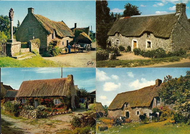 LOT DE 4 cartes postales postcards 10x15cm BRETAGNE maison chaumière ...