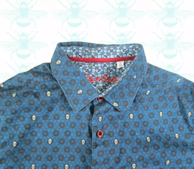 Robert Graham Blue Skull Pattern Short Sleeve Shirt Men's - Size XL