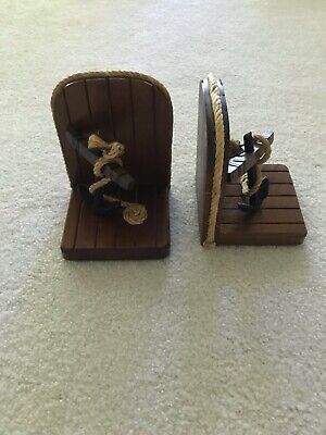 Vintage 1970's Nautical Anchor Wood, Wrought Iron, & Rope Bookends