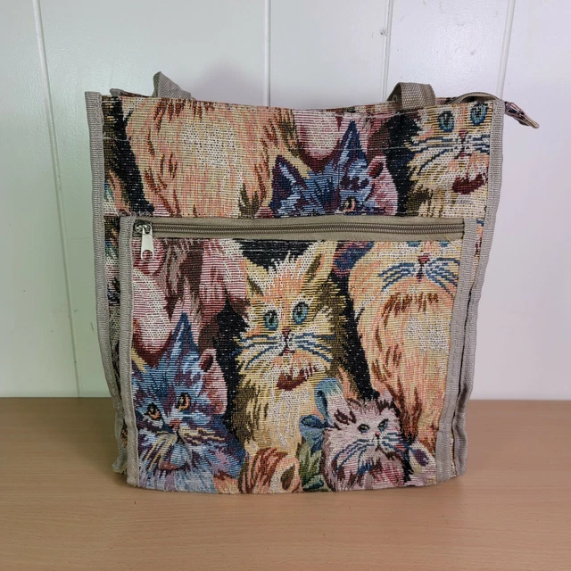 Vintage Cats Kitties Kittens Print Tapestry Carpet Shopper Bag Tote Purse Strap