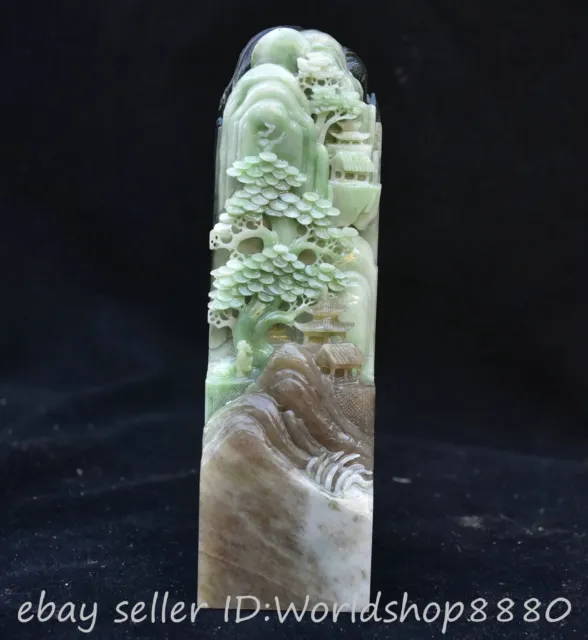 6.2" Chinese Natural Dushan Jade Carved Mountain Tree Figure House Seal Statue