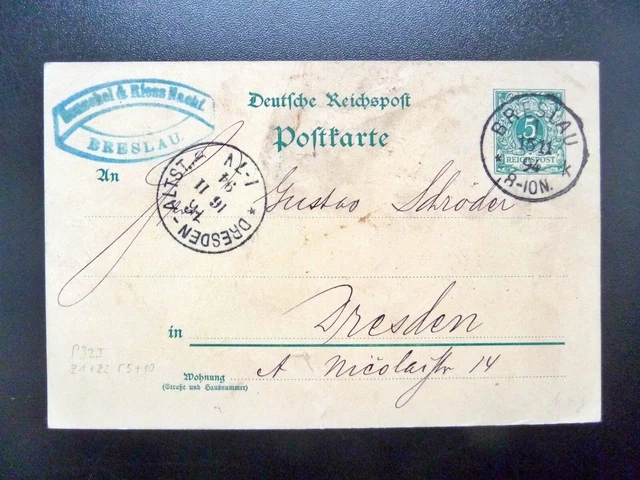 DR-Postkarte P32I, Stempel BRESLAU und DRESDEN-ALTSTADT - Firmenstpl.