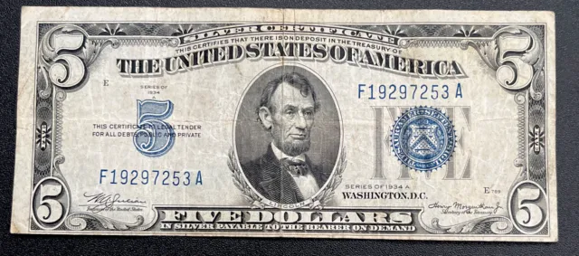 1934-A $5 Silver Certificate Blue Seal Bank Note Error, Off Center RARE