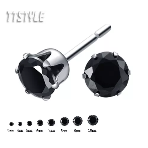 TTStyle Stainless Steel Black CZ Round Stud Earrings 3mm-10mm Single/A Pair NEW