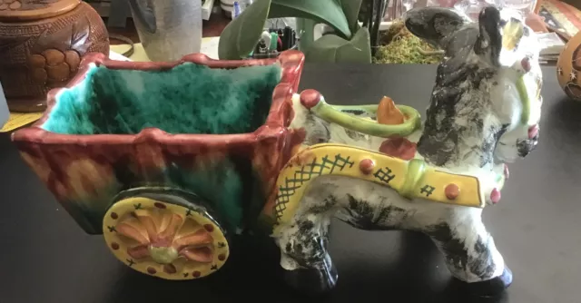 Vintage Italian Art Pottery Hand Majolica Decorated Donkey With Cart Planter