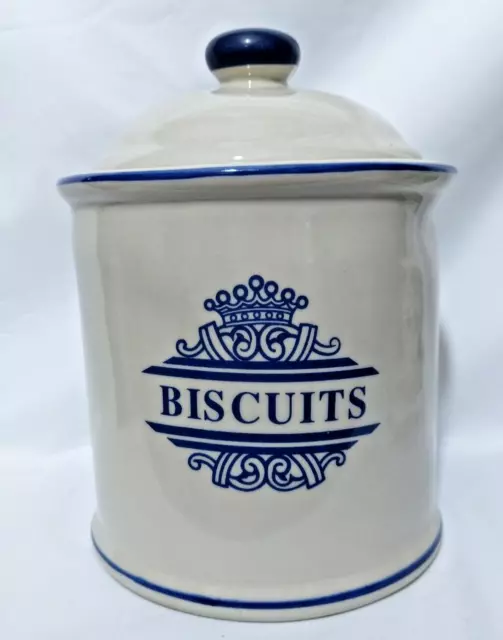 Ceramic Biscuit Jar & Lid the 1869 Victorian Pottery - Cream & Blue