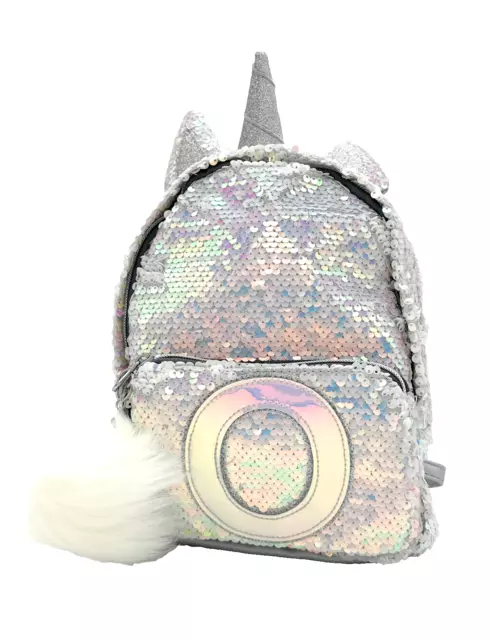 Justice Girls Mini Backpack Purse Silver Unicorn Flip Sequin Pom Pom Initial "O"