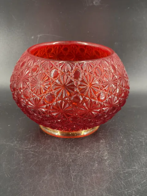 Vintage LE Smith Amberina Daisy Button Glass ROSE BOWL Red Cadmium Glow