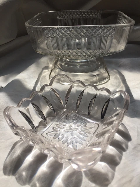  Lot of 2 Vintage Square Pressed Clear Glass Dishes Bowls UNUSUAL! ~ UNIQUE!