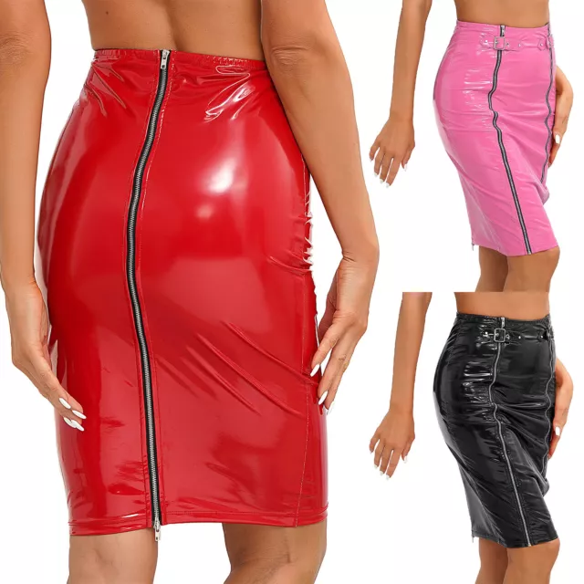 Damen Wetlook Rock Leder-Optik Figurbetontes Röcke Zipper Bleistiftrock Clubwear