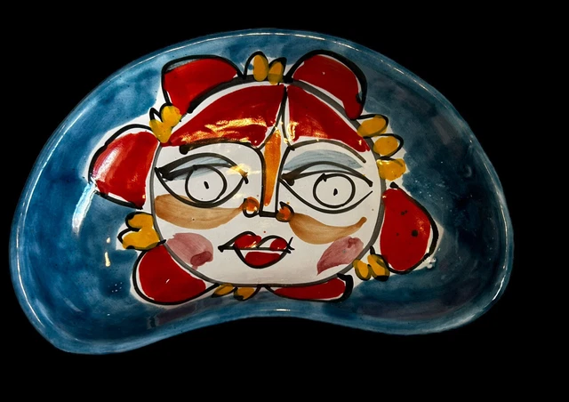 La Musa Italian Pottery Picasso Style Hand Painted Face  Majolica Side Dish 7.5”