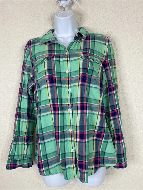 Old Navy Womens Size M Green/Fusha Plaid Pocket Button Up Shirt Long Sleeve