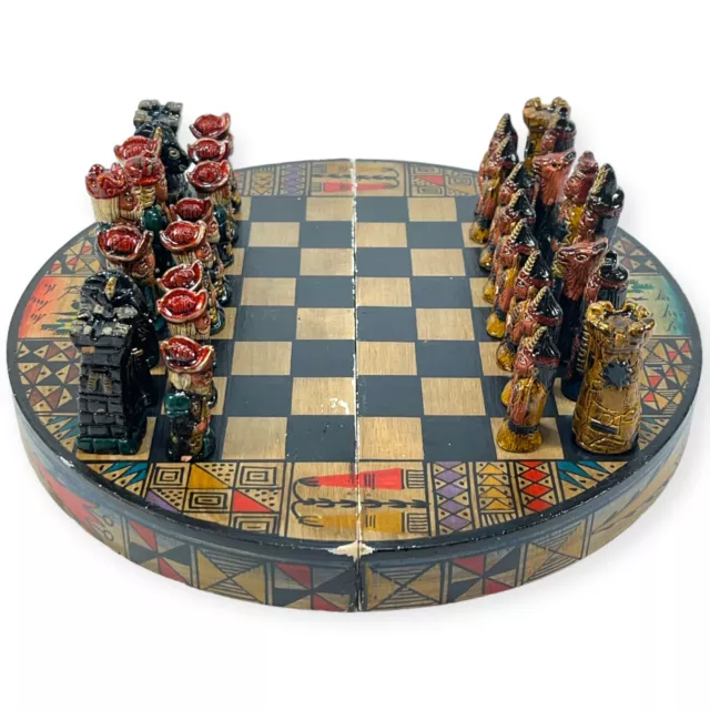 Vintage Chess Set Hand Painted Red Pottery Pieces & Round Wooden Board Aztec