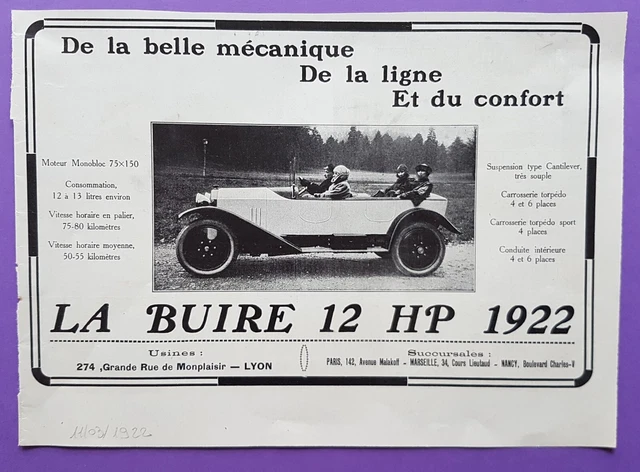 La BUIRE 12 HP voiture PUBLICITE - AD 1922 print Réf : 1472