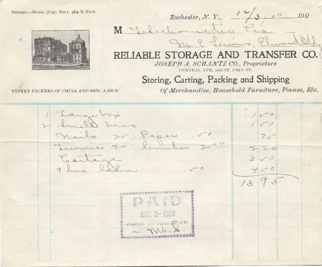 Reliable Storage and Transfer Co. Rochester NY 1909 Billhead Packing & Shipping