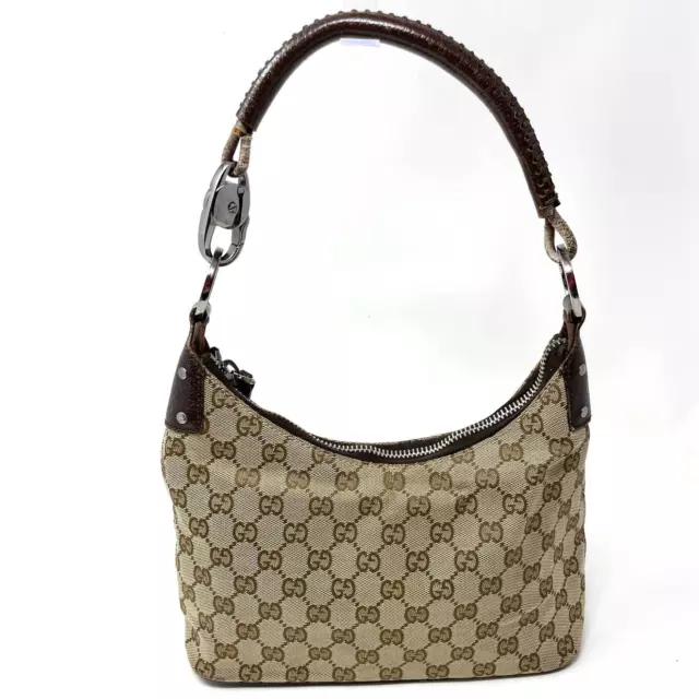 Gucci GG Monogram Logo Vintage Shoulder Bag Purse Canvas Leather Beige Brown