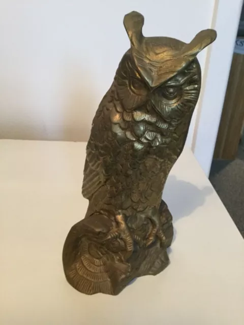 Vintage Brass Owl On Log Detailed Statue Stunning Horned Owl