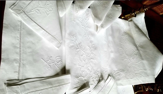 Service ancien fil lin ,nappe 10 serviettes,300x170 Brodées fleurs Ajourées NSL2