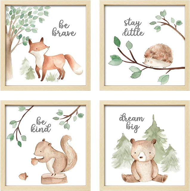 ArtbyHannah 4 Pack Framed Funny Woodland Baby Nursery Wall Art Decor with 10x10