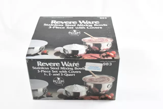 Revere Ware-3pc Mixing Bowls w/covers-Stainless Steel-Open Box-New Unused-VTG