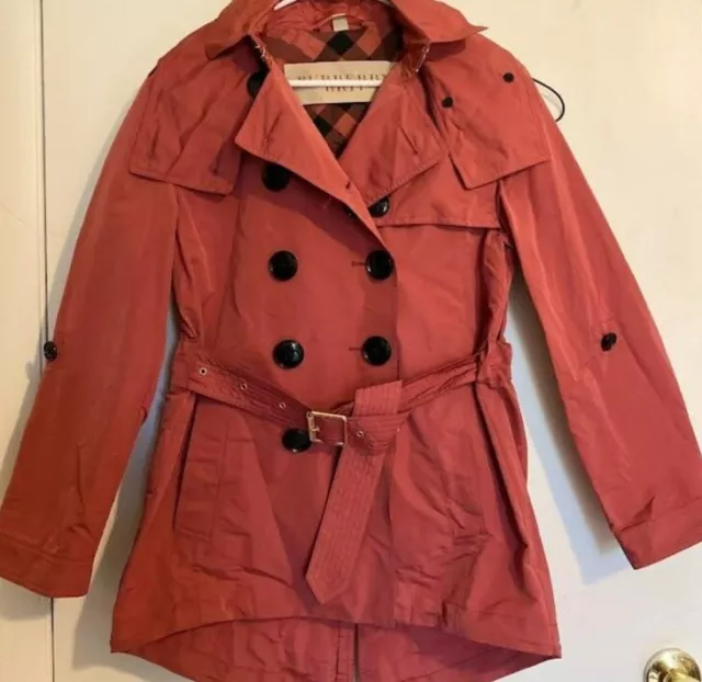 $895 Burberry Women Knightsdale Hooded Trench Coat Rain Jacket 4 6 Red Pink Belt