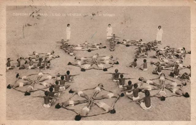 1933 LIDO di Venezia Ospedale al mare giochi di spiaggia Cartolina animata