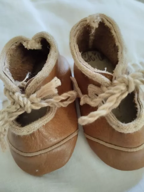 Chaussures Poupées Anciennes Beige Faites Main Peau Et Semelle Cuir