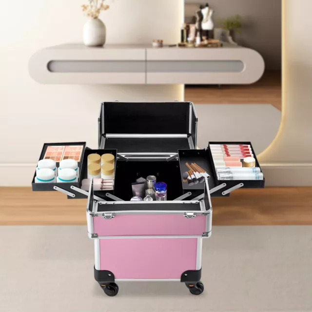 Rolling Makeup Train Case Pink Professional Cosmetic Case Trolley on Wheels New