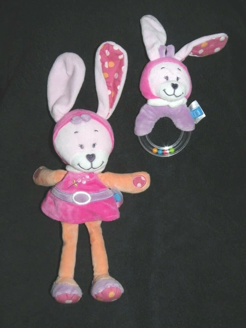 DOUDOU PELUCHE TEX BABY LAPIN ROBE CAPUCHE ROSE PATTES ORANGE +hochet