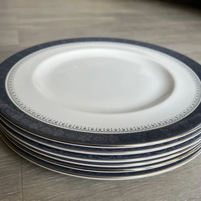 JT 6 X ROYAL DOULTON SHERBROOKE Dinner Plates 10.5” Diameter Blue Silver China
