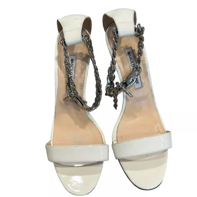 Manolo Blahnik Chaos Chain Link Silver White Leather Sandal Heels Women's 9 39.5 3