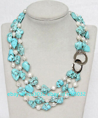 Natural 3Rows Baroque 8-9mm White Pearl & Blue Turquoise Gemstone Beads Necklace