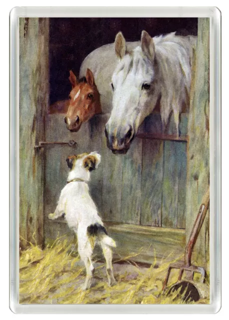 Jack Russell Wire Fox Terrier Dog & Horses Art Print Novelty Fridge Magnet Gift