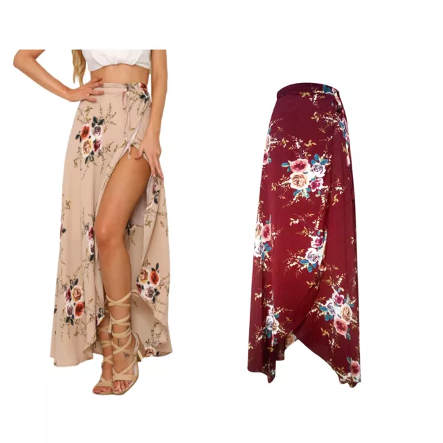 Long Skirt Printed Women Summer Clothing Lace-up Slit Skirt, Wine Red, XL