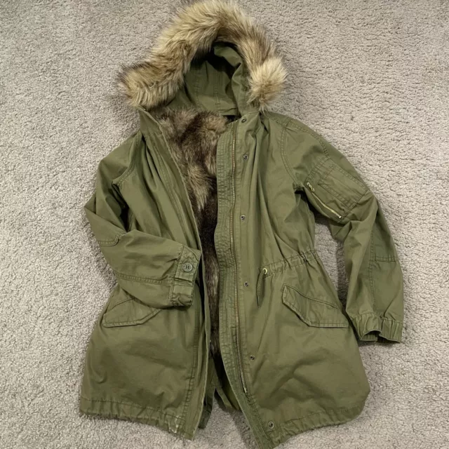 Gap Kids Girls Green Parka Coat Faux Fur Lined Hood Size XL