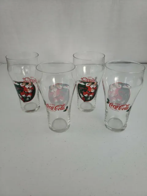 1997 Lot of 4 Dennys Collectible Coca Cola Christmas Pint Glasses Santa & Train