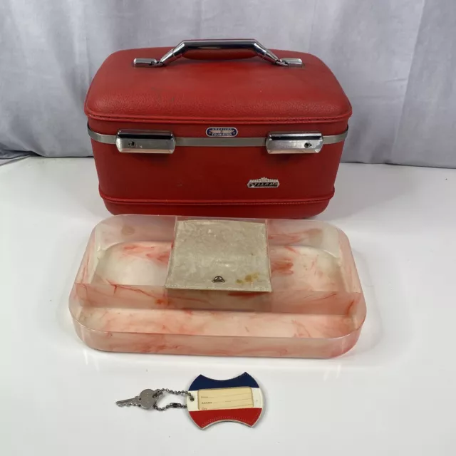 VTG American Tourister Tiara Red Hardshell Makeup Train Luggage Case W/Key+tray