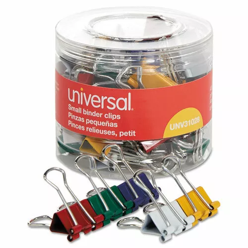 Universal Binder Clips In Dispenser Tub, Small, Assorted Colors, 40/Pack