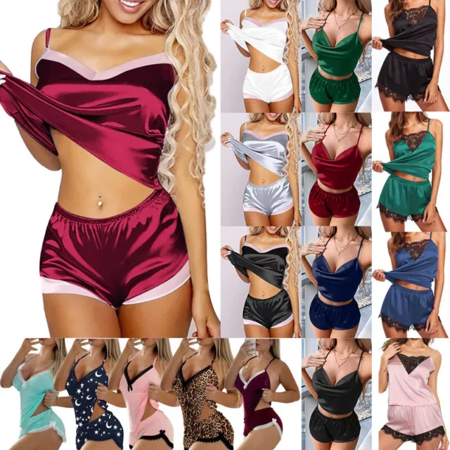 2PCS Mujer Lencería Sexy Set Satén Pijama Babydoll Ropa de Dormir Cam <