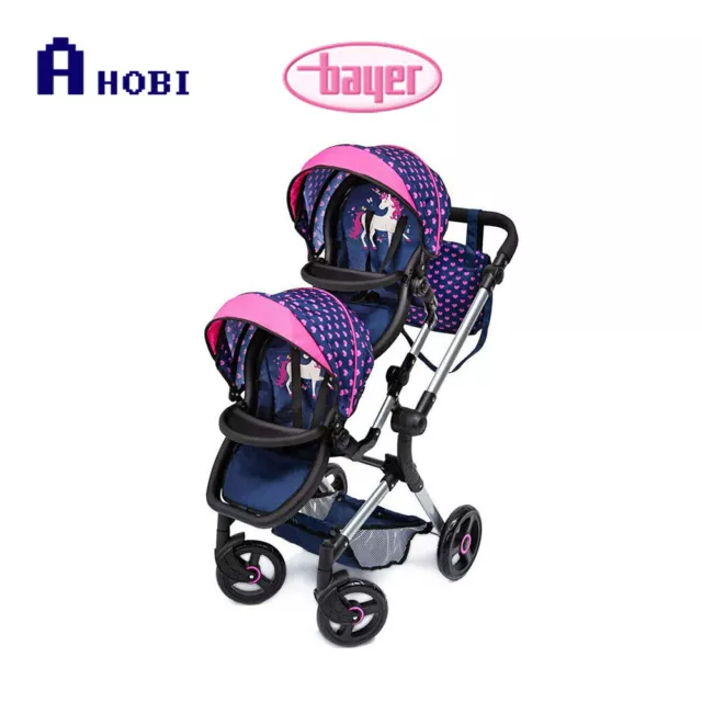 Bayer Twin Neo Doll Pram Blue With Pink Hearts & Unicorns For Dolls up to 46cm