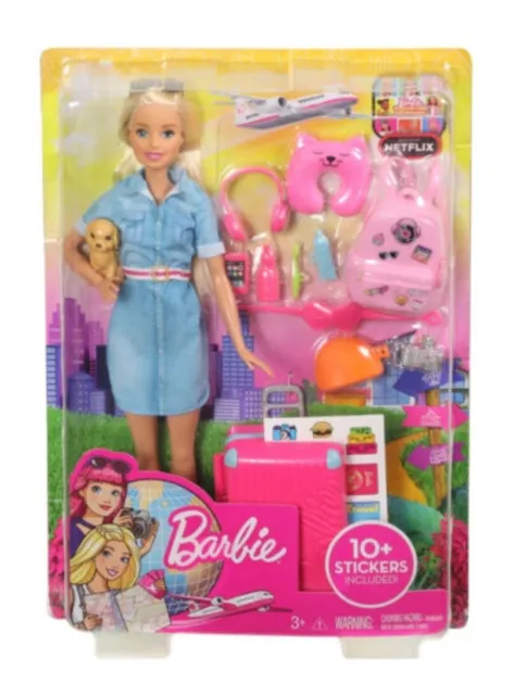 Barbie Travel Doll, Blonde, with Puppy, Opening Suitcase, & 10+ Accessories