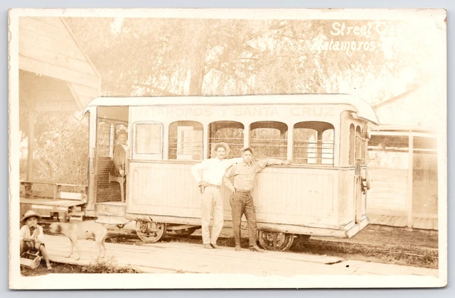 Santa Cruz y Matamoros "Horse" Street Car Closeup~Dog Wants Boy's Food~RPPC 1927