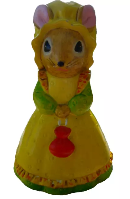 Mouse Coin Bank Resin Bonnet Purse Figurine Country Yellow Dress Vintage 1970s
