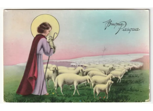 Buona Pasqua cartolina religiosa d'epoca Gesù pastore agnello gregge al pascolo