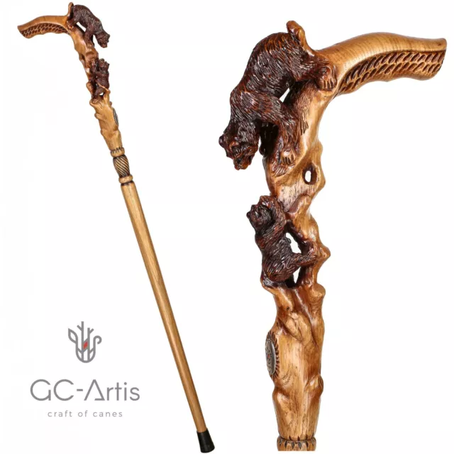 Wooden Walking Stick Cane Mother Bear hand carved Unique Light Comfortable