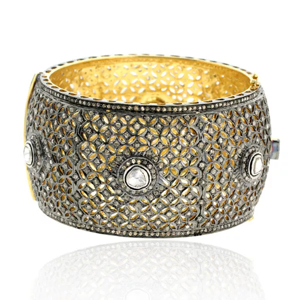 Uncut Diamond 14k Yellow Gold Sterling Silver Wide Bangle Bracelet Jewelry Gift