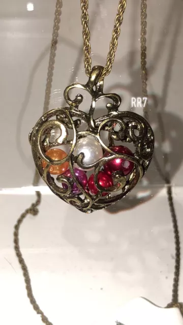 Big Heart Multi Pearls Cage Pendant Long Chain Necklace Vintage Style New